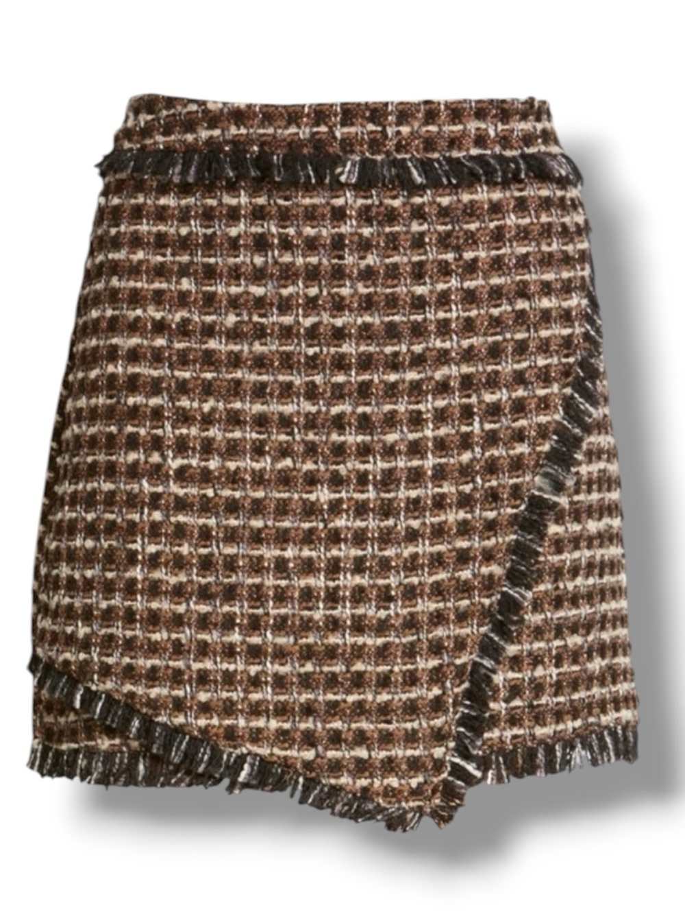Blank NYC Miniskirt 27 Plaid Tweed Fringe Faux Wrap Clueless Black Brown NWT